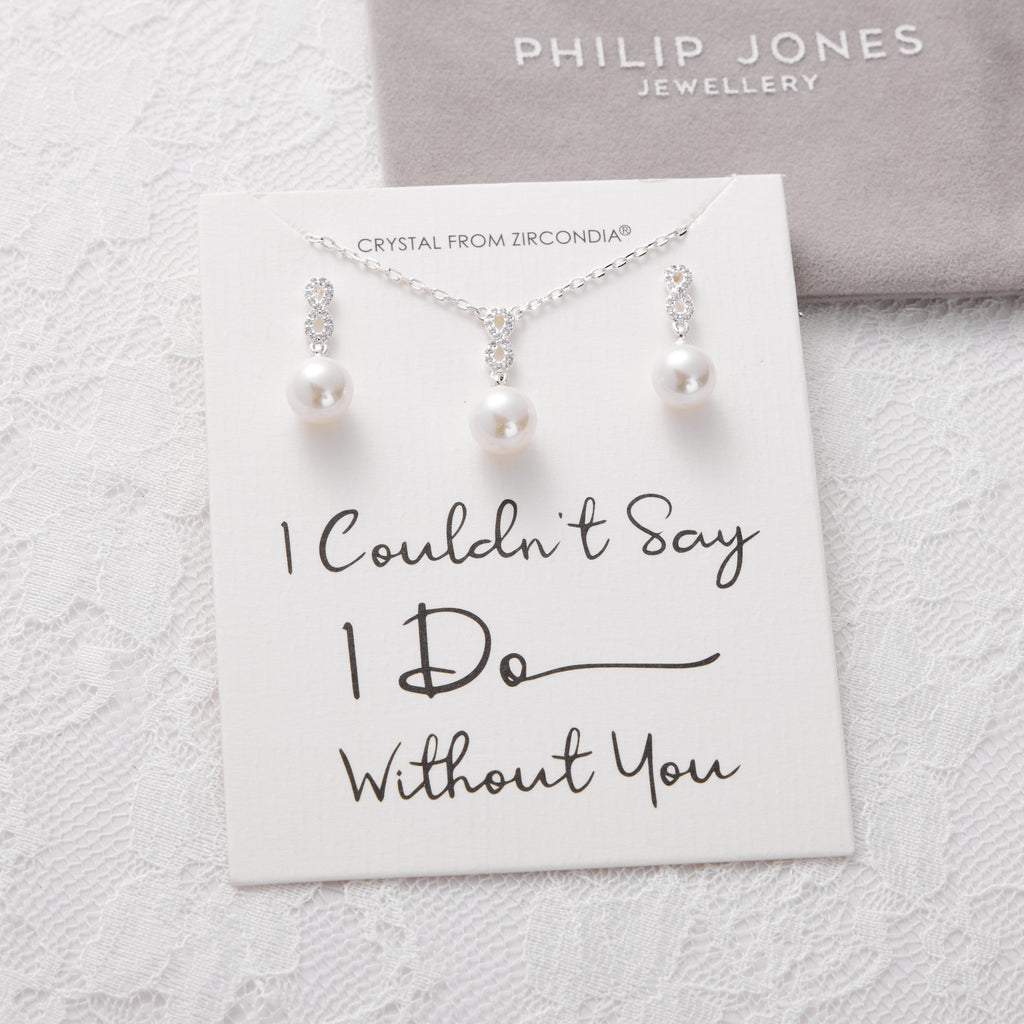 Silver Plated I Couldn't Say I Do Without You Infinity Pearl Drop Bridal Set with Zircondia® Crystals