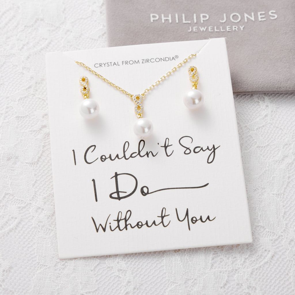 18k Gold Plated I Couldn't Say I Do Without You Infinity Pearl Drop Bridal Set with Zircondia® Crystals