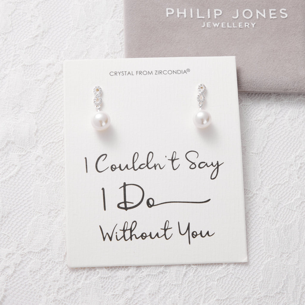 Silver Plated I Couldn't Say I Do Without You Infinity Pearl Drop Bridal Earrings with Zircondia® Crystals