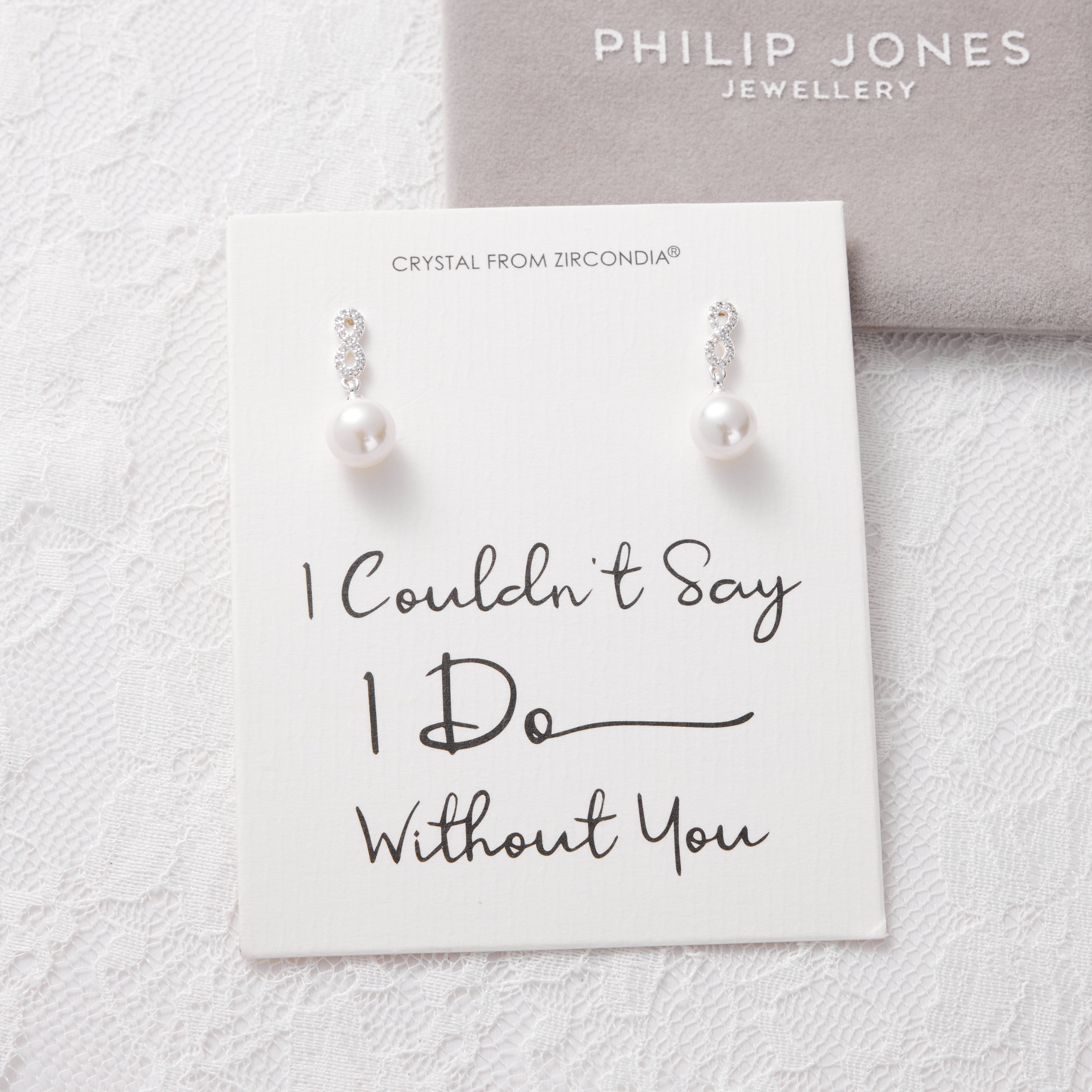 Silver Plated I Couldn't Say I Do Without You Infinity Pearl Drop Bridal Earrings with Zircondia® Crystals