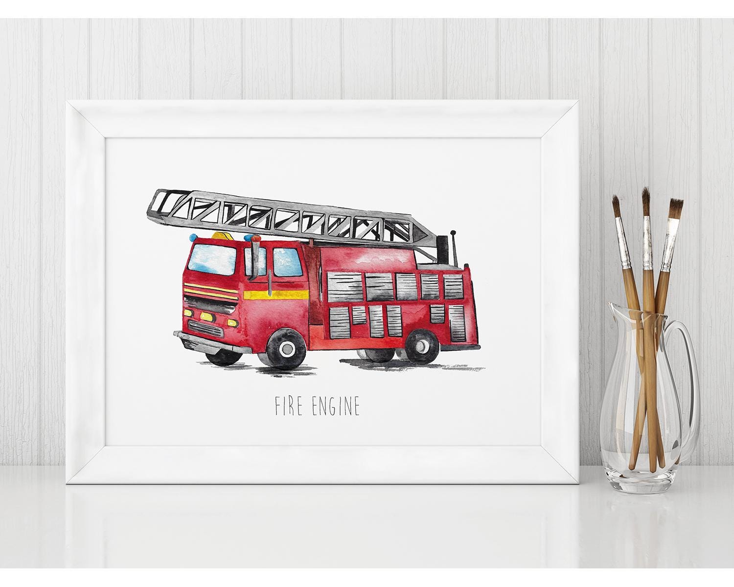 Personalised Watercolour Fire Engine Art Print – Kids Wall Art for Nursery or Bedroom, A3/A4 Sizes