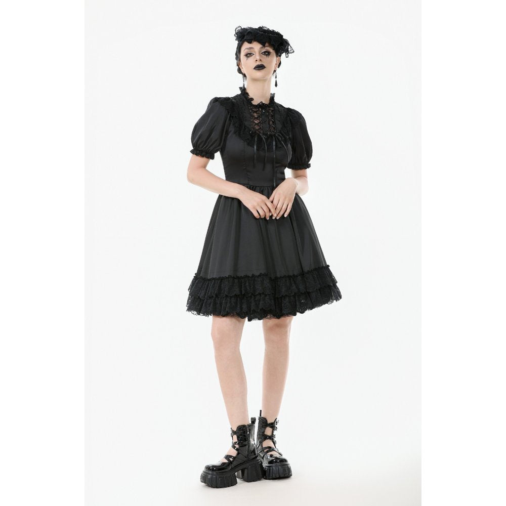 Dark in Love Belladonna Lace-Up High Collar Puff Sleeve Goth Dress  in Black