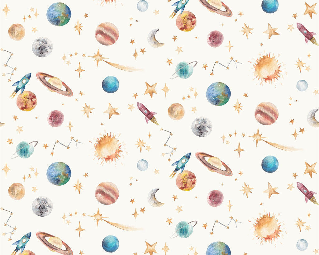Planets Fabric – Watercolour Solar System Print | Cotton Curtain & Cushion Fabric