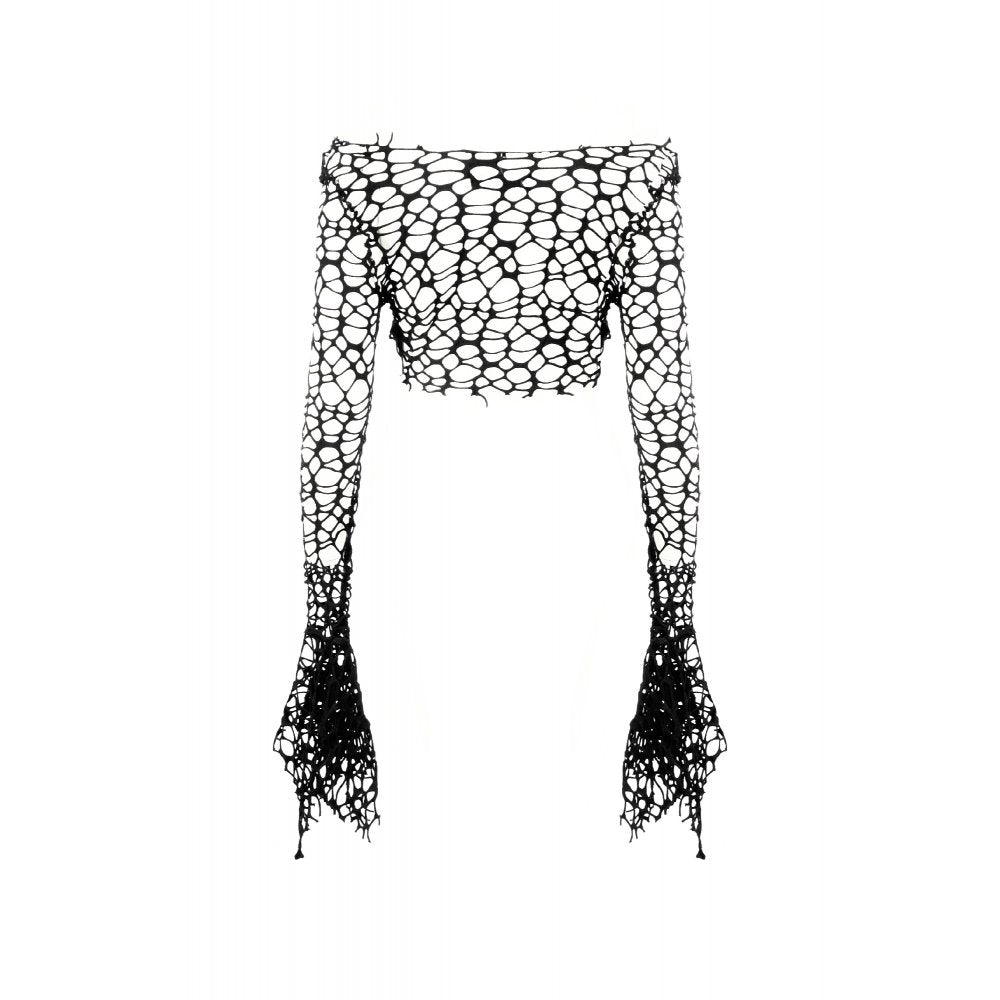Dark in Love Morana Mesh Crochet Knit Bell Sleeve Crop Top