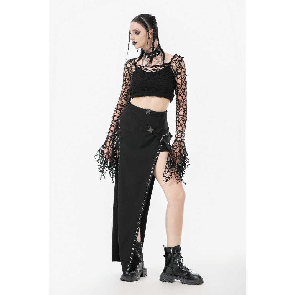 Dark in Love Morana Mesh Crochet Knit Bell Sleeve Crop Top