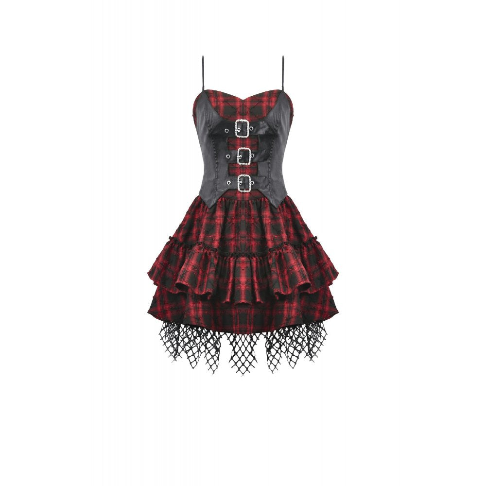 Dark in Love Red-Black Plaid Leather Layered Punk Sweetcore Dress