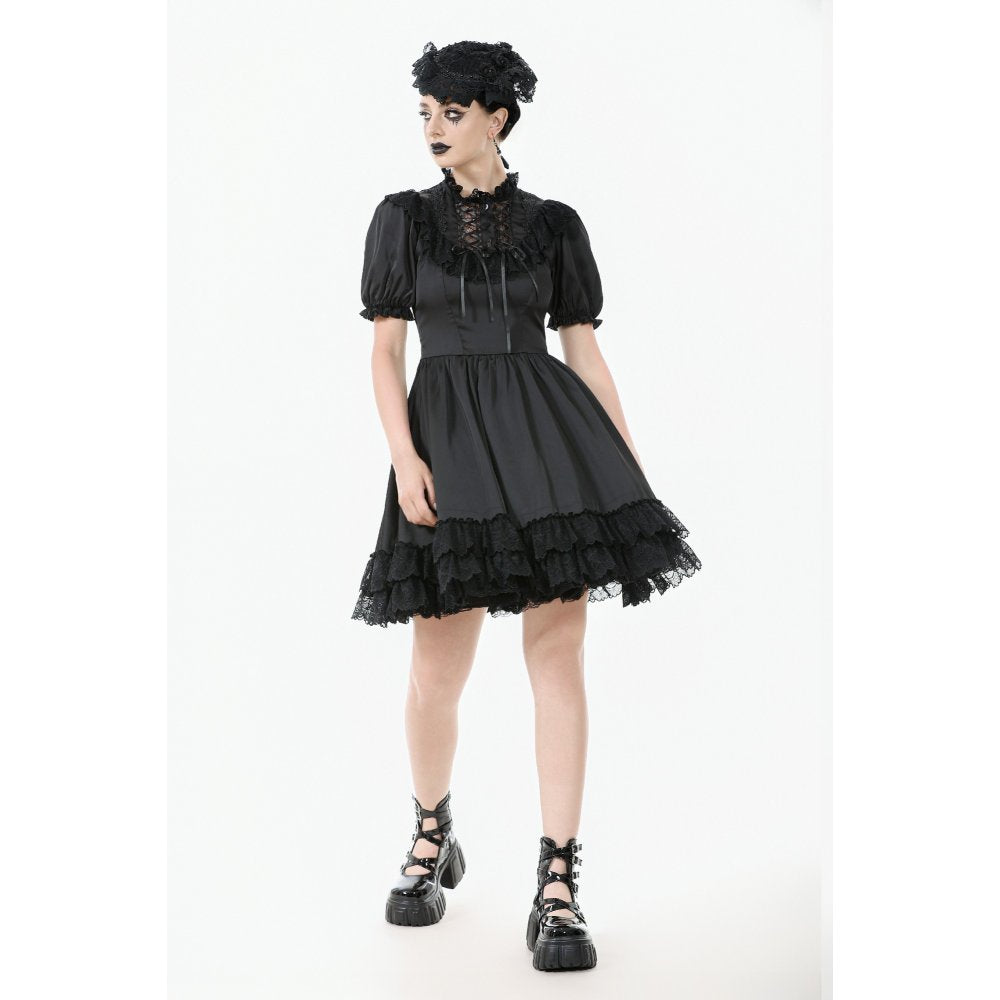 Dark in Love Belladonna Lace-Up High Collar Puff Sleeve Goth Dress  in Black