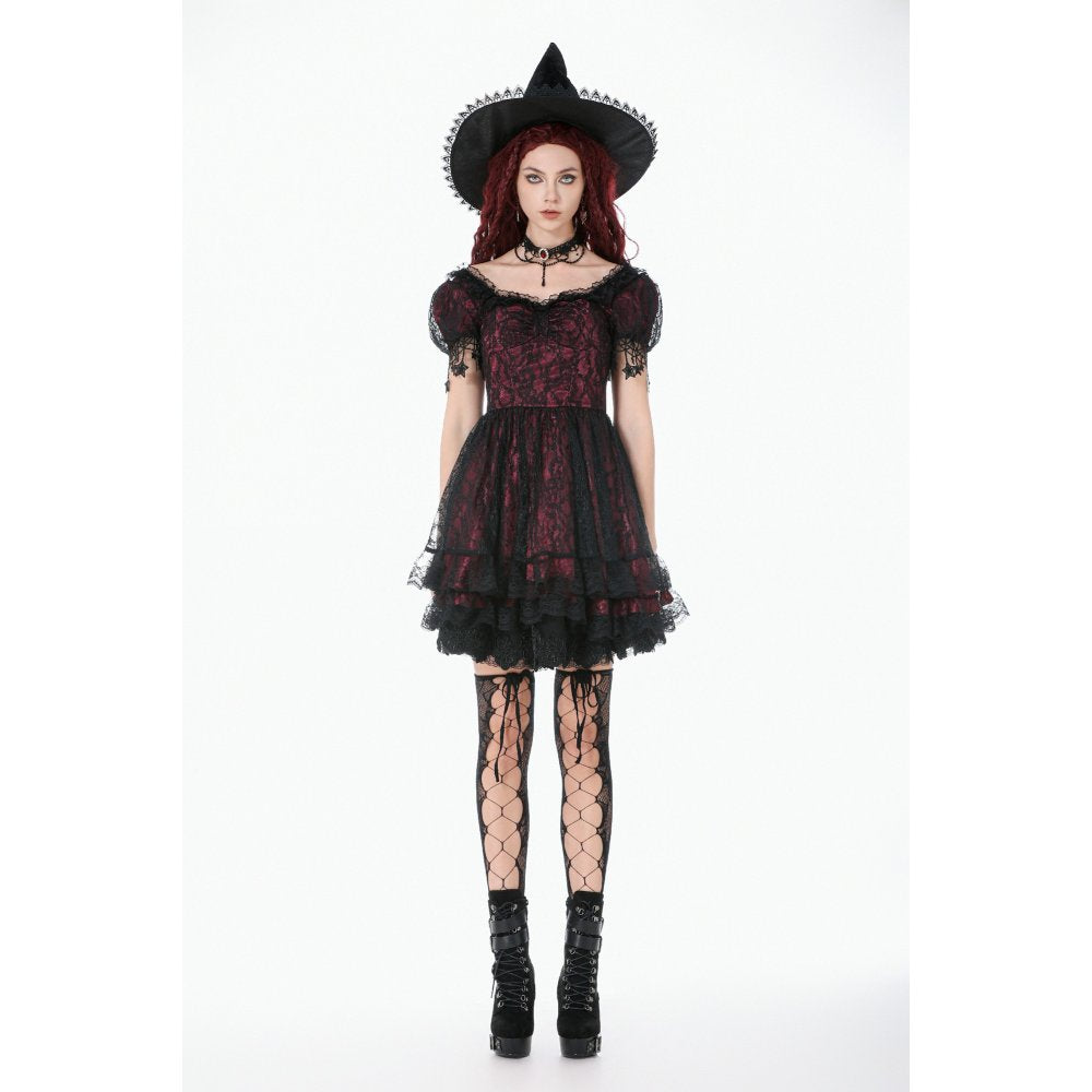 Dark in Love Burgundy & Black Lace Princess Dress with Stars Lace