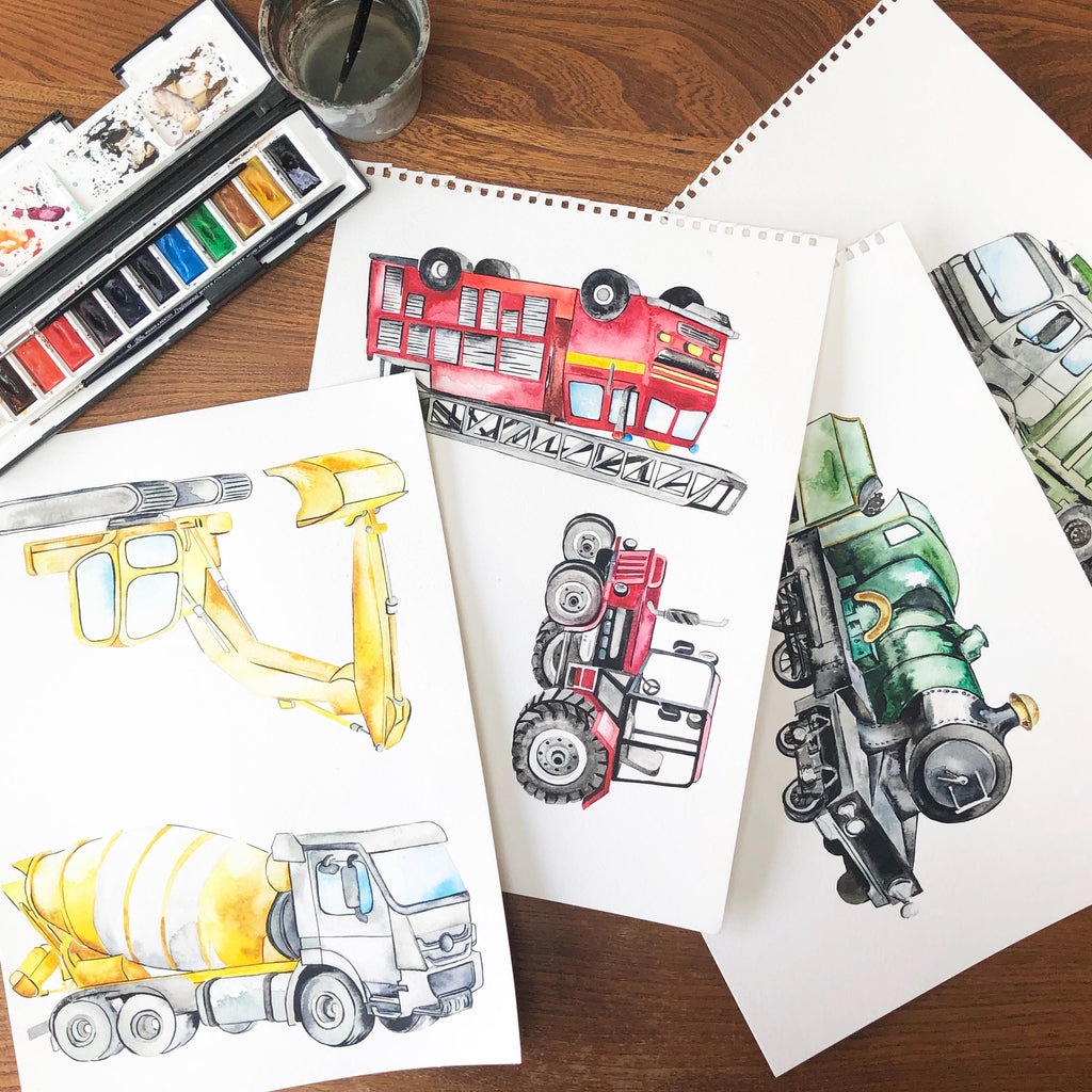 Personalised Watercolour Fire Engine Art Print – Kids Wall Art for Nursery or Bedroom, A3/A4 Sizes