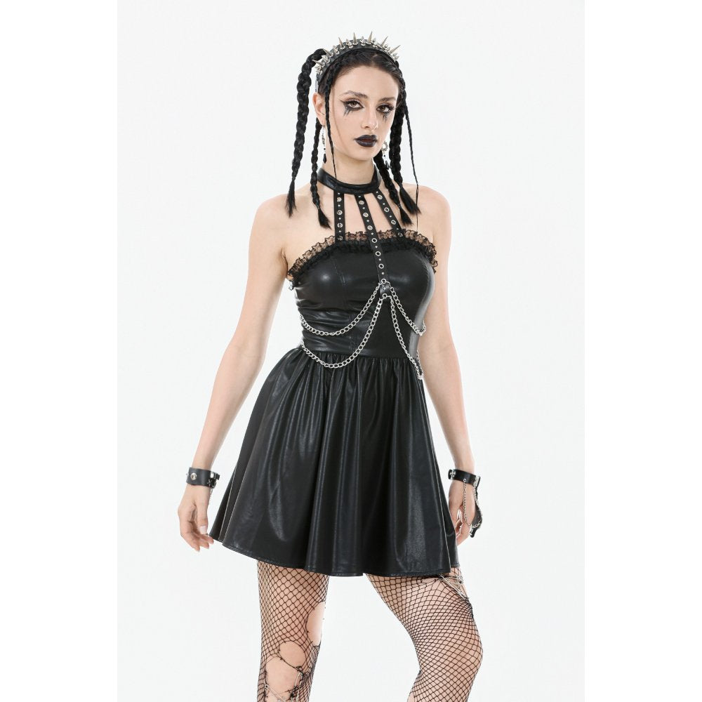 Dark in Love Harness Chain Faux Leather Mini Dress