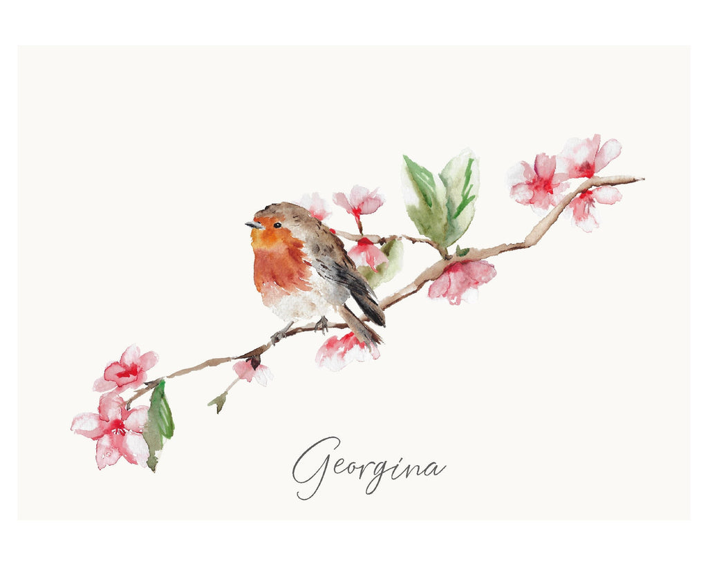 Robin and Blossom Personalised Watercolour Print