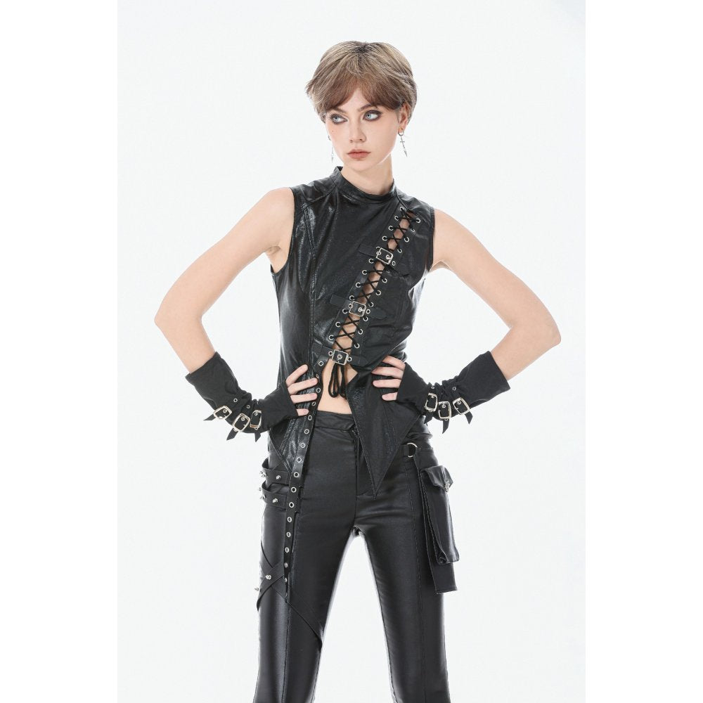 Dark in Love Punk Distressed Leather Lace-Up Top