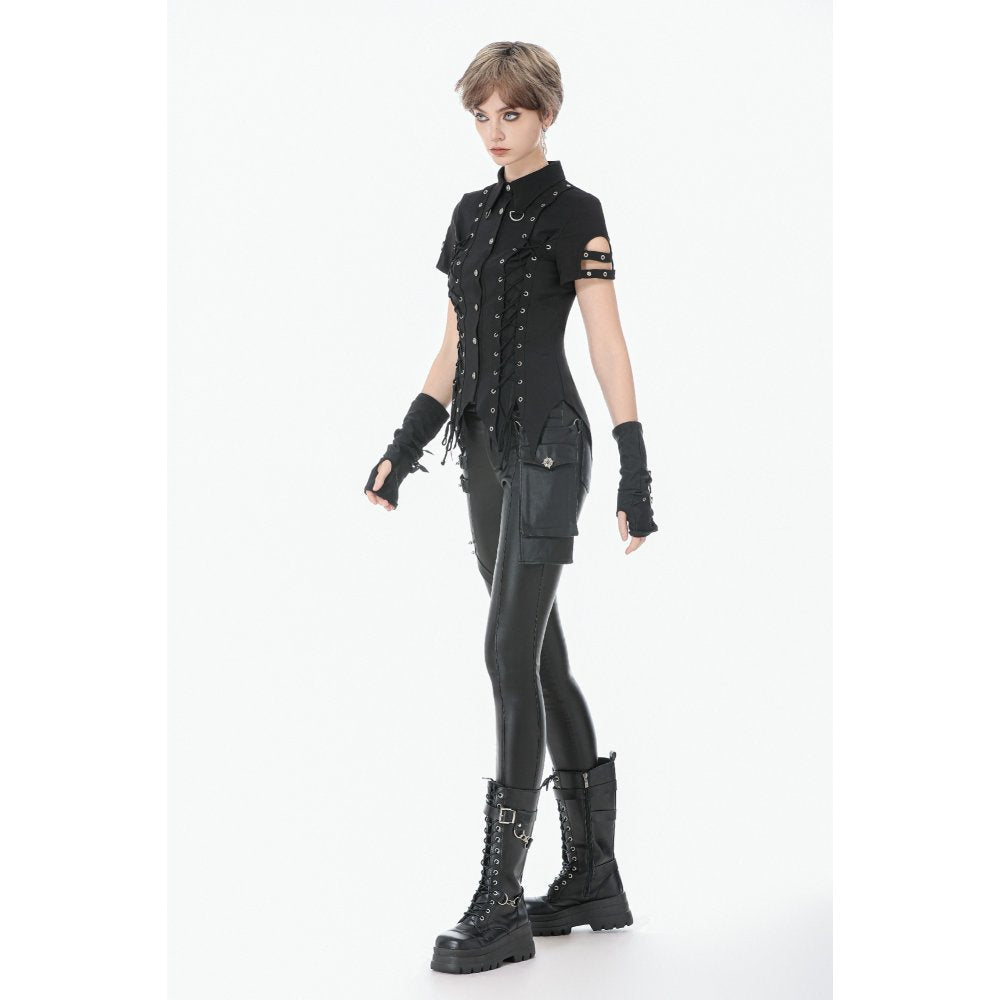Dark in Love Ruptured Lace-Up Goth Shirt - D-Ring Hardware & Handkerchief Hem