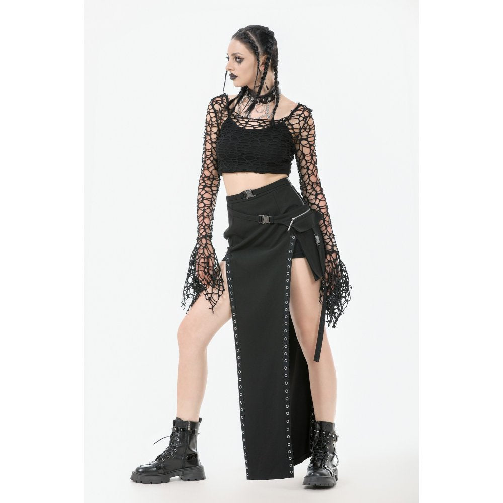 Dark in Love Morana Mesh Crochet Knit Bell Sleeve Crop Top