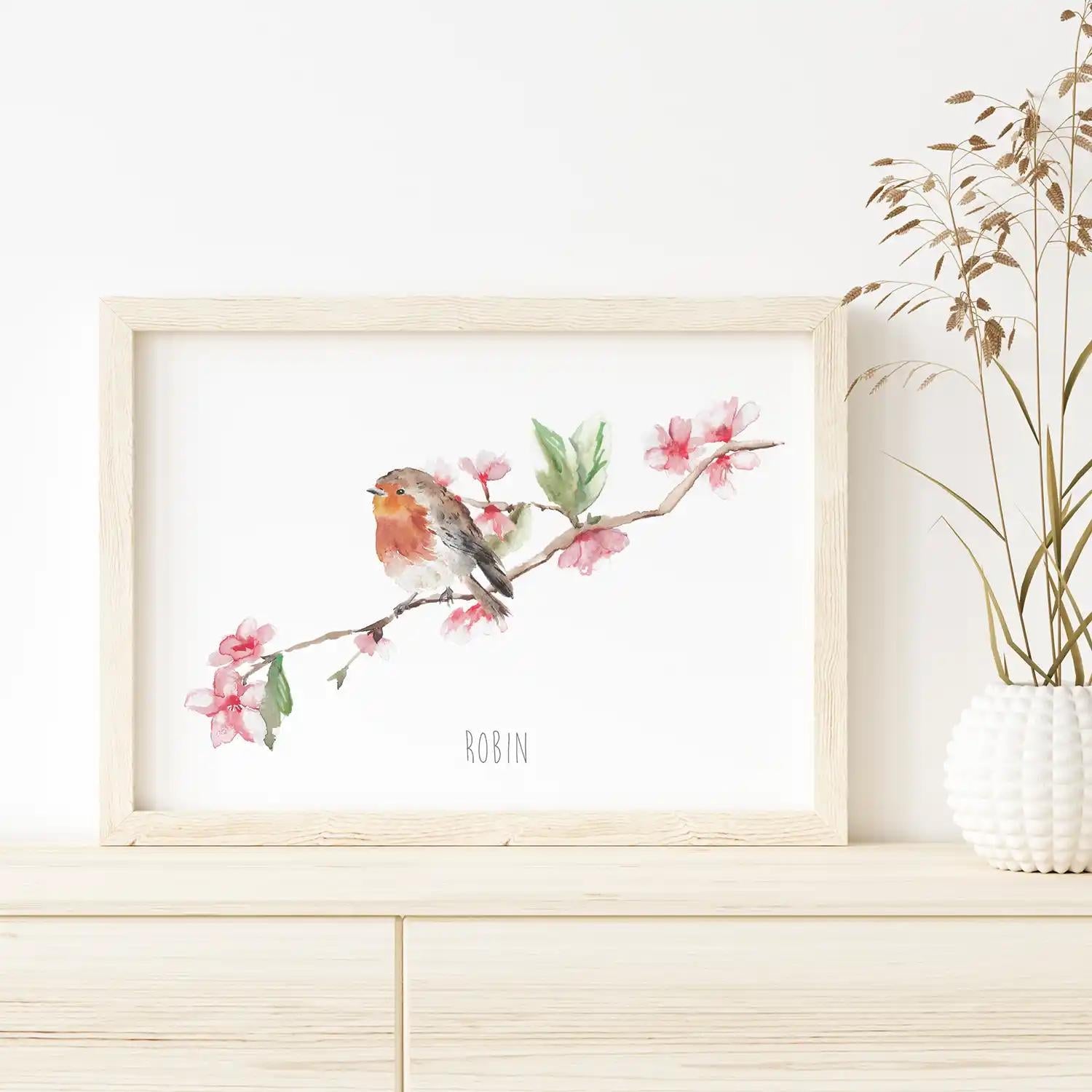 Robin and Blossom Personalised Watercolour Print
