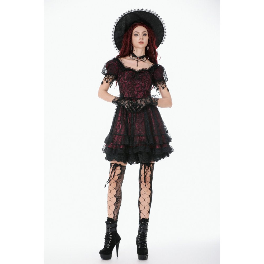 Dark in Love Burgundy & Black Lace Princess Dress with Stars Lace