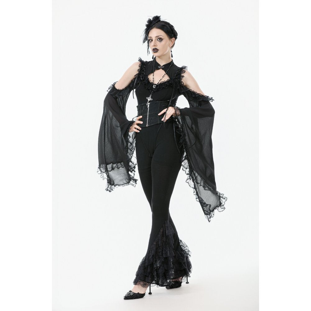 Dark in Love Goth Flare Leggings with Lace Frills
