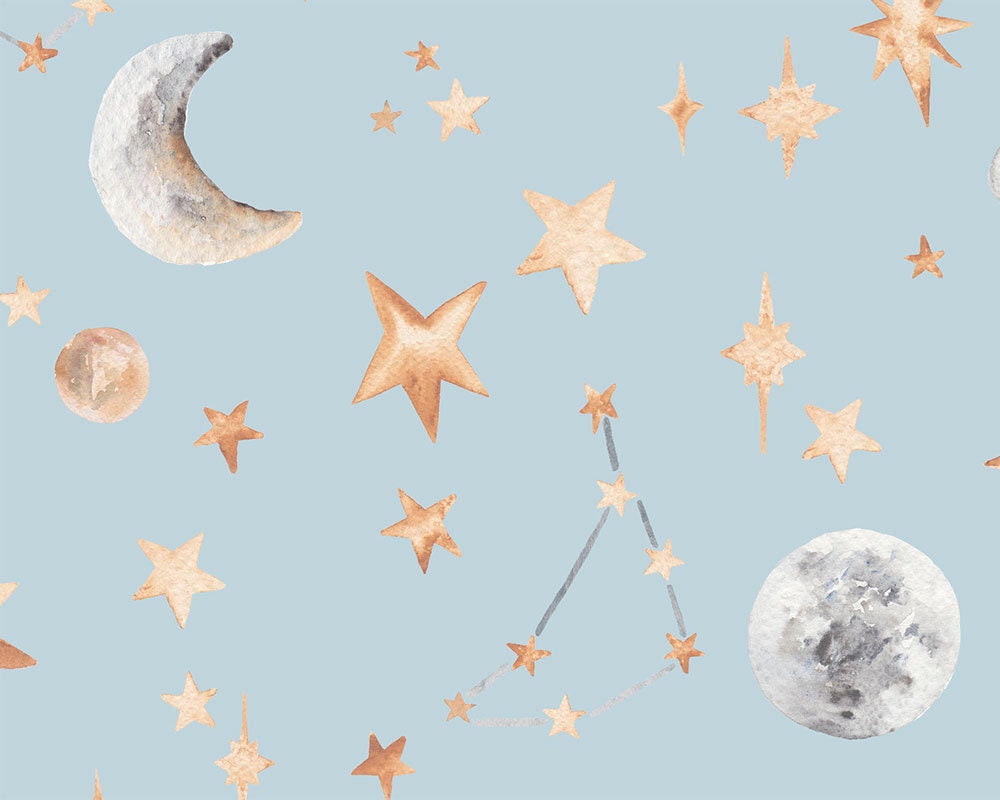 Watercolour Stars and Constellations Printed Cotton Curtain Fabric