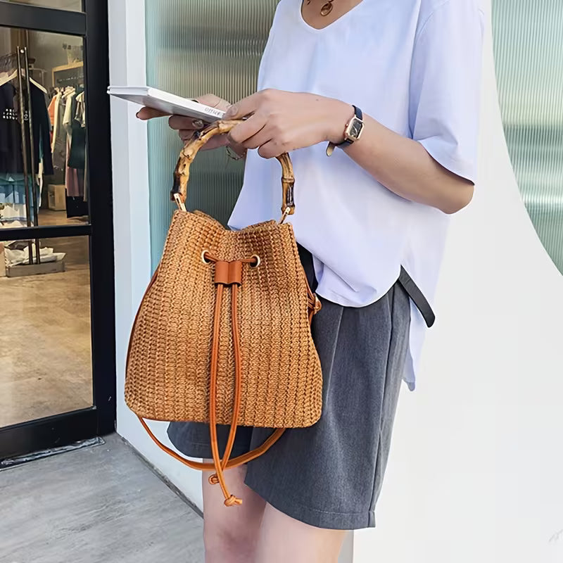 Women's Vintage Raffia Bucket Messenger Bag