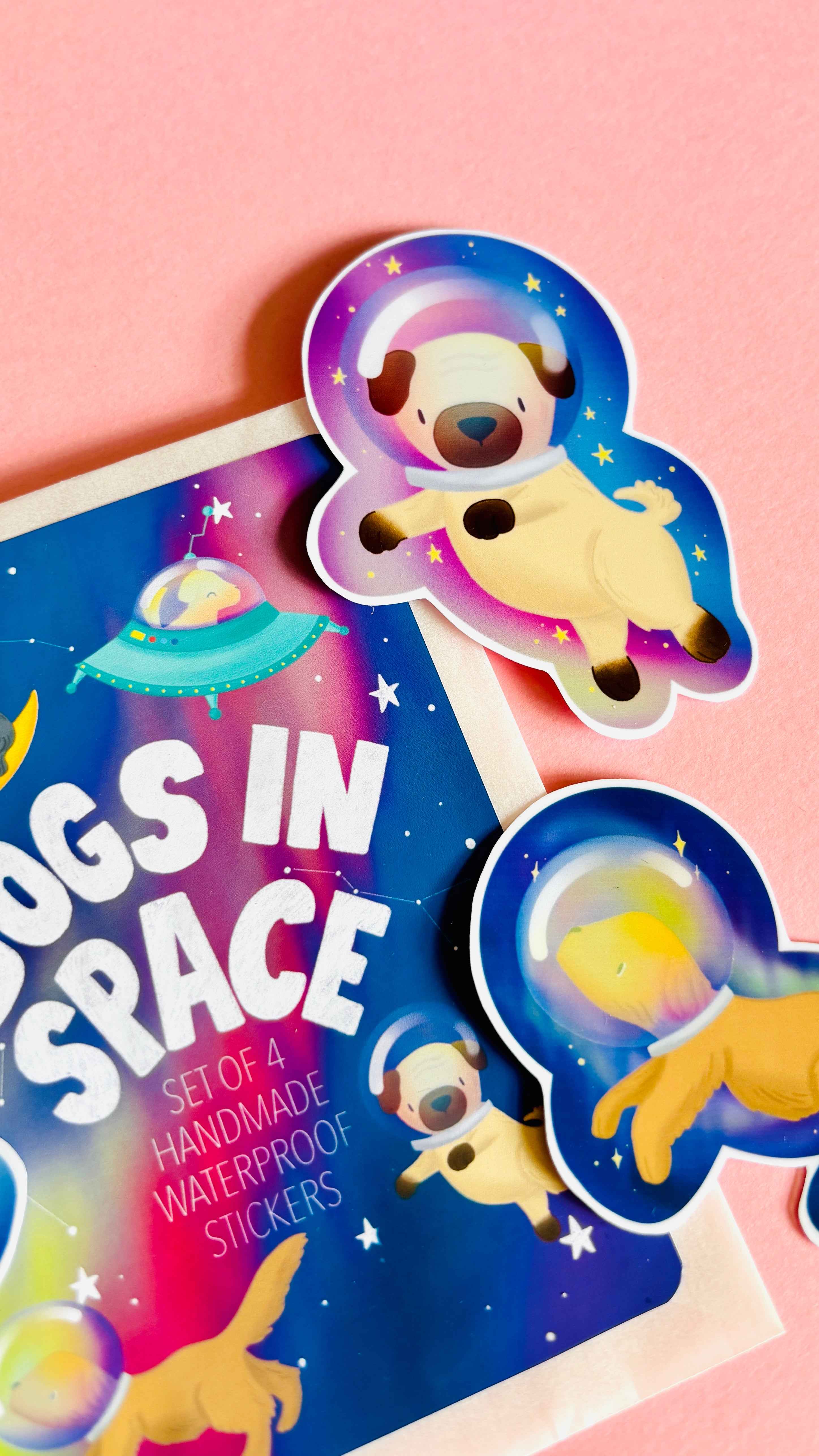 Space Dogs Sticker Set- Set of 4 Handmade Waterproof Vinyl Stickers