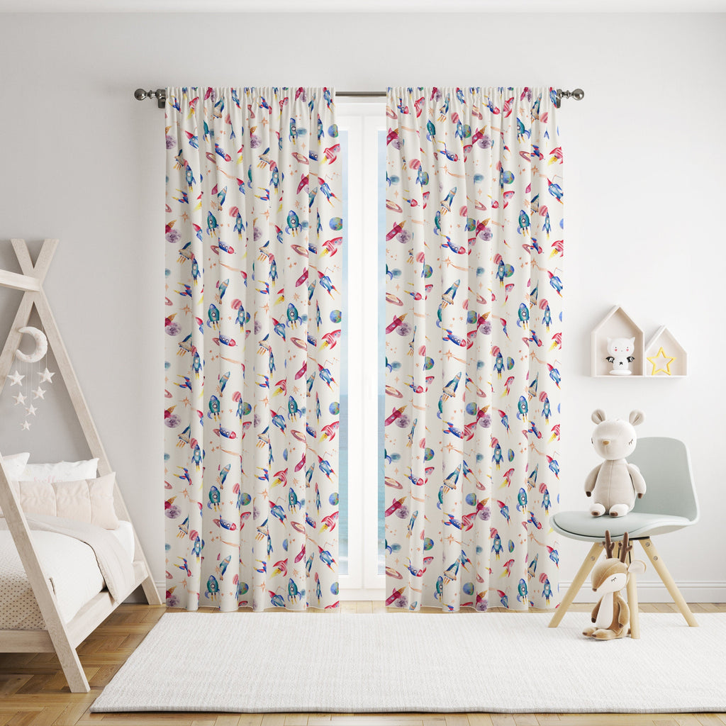 Space Rockets - Printed Cotton Children's Fabric for curtains, blinds and cushions