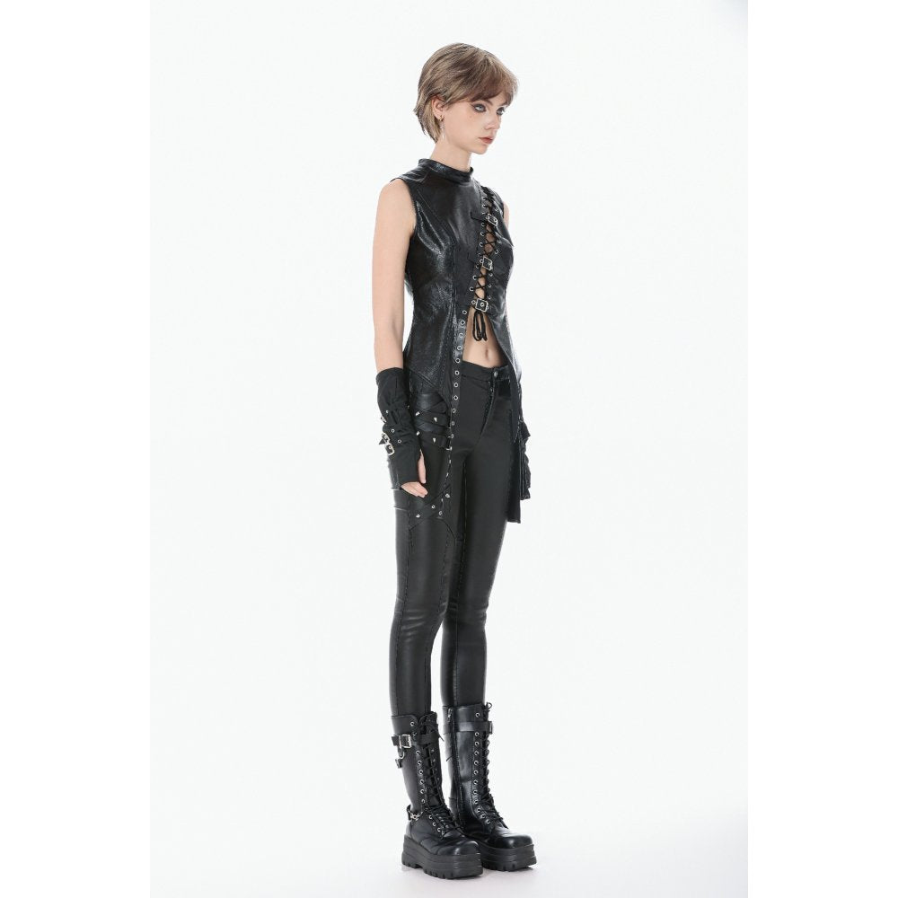 Dark in Love Punk Distressed Leather Lace-Up Top