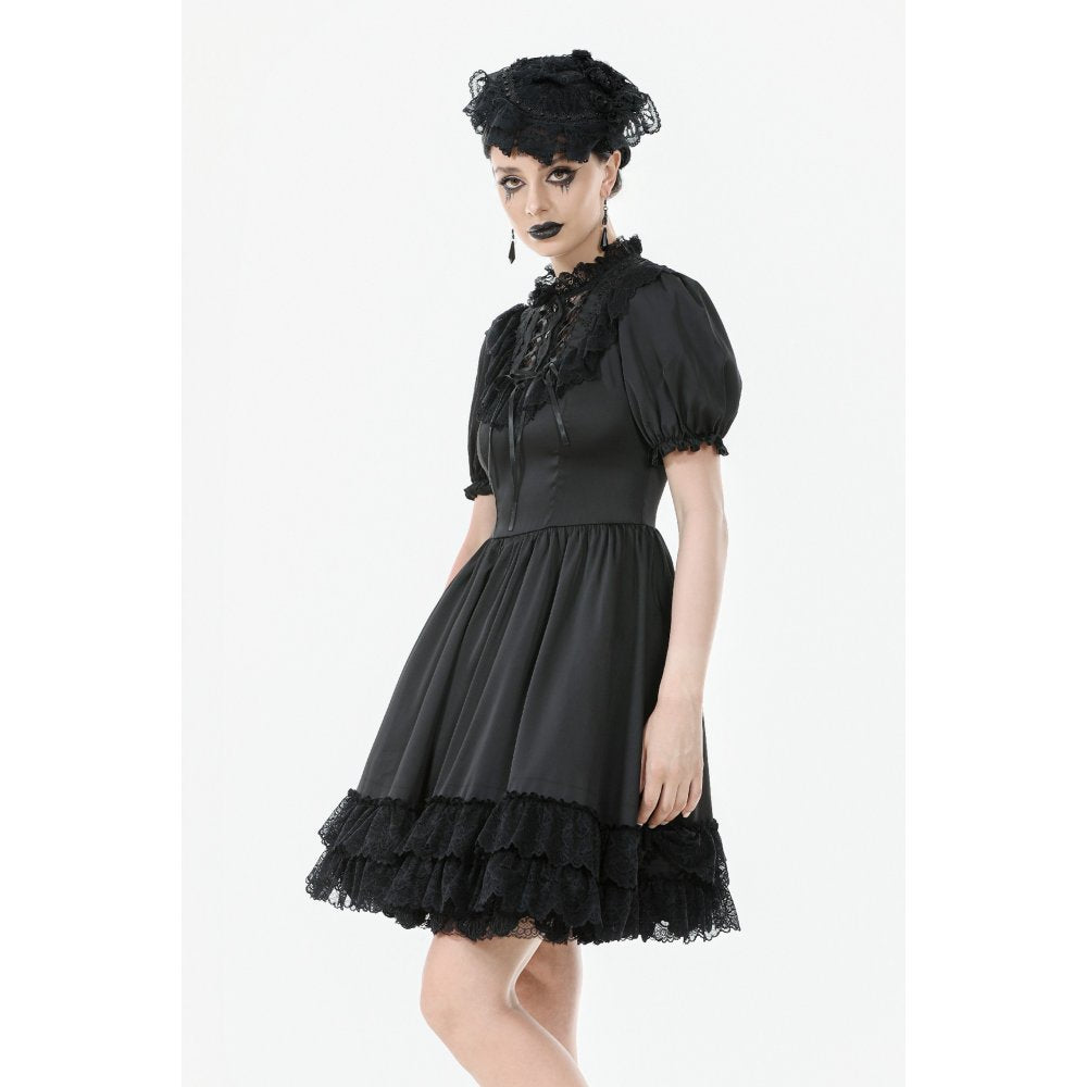 Dark in Love Belladonna Lace-Up High Collar Puff Sleeve Goth Dress  in Black
