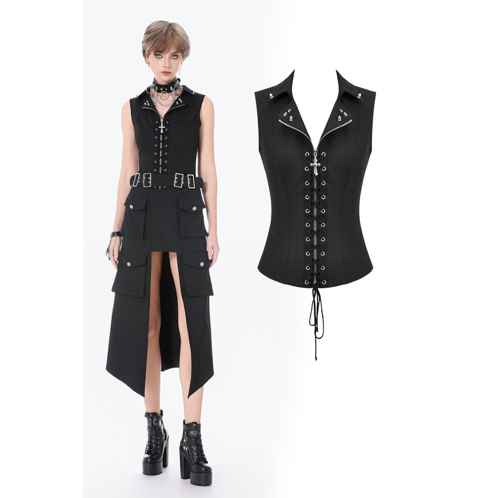 Dark in Love Punk Studded Lace-Up Vest - Alternative Top in Black