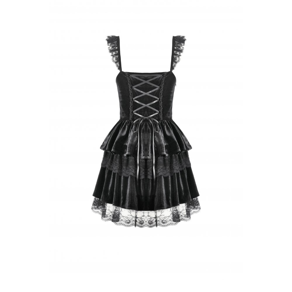 Dark in Love Nocturne Ruffled Velvet Lace Goth Dress in Black