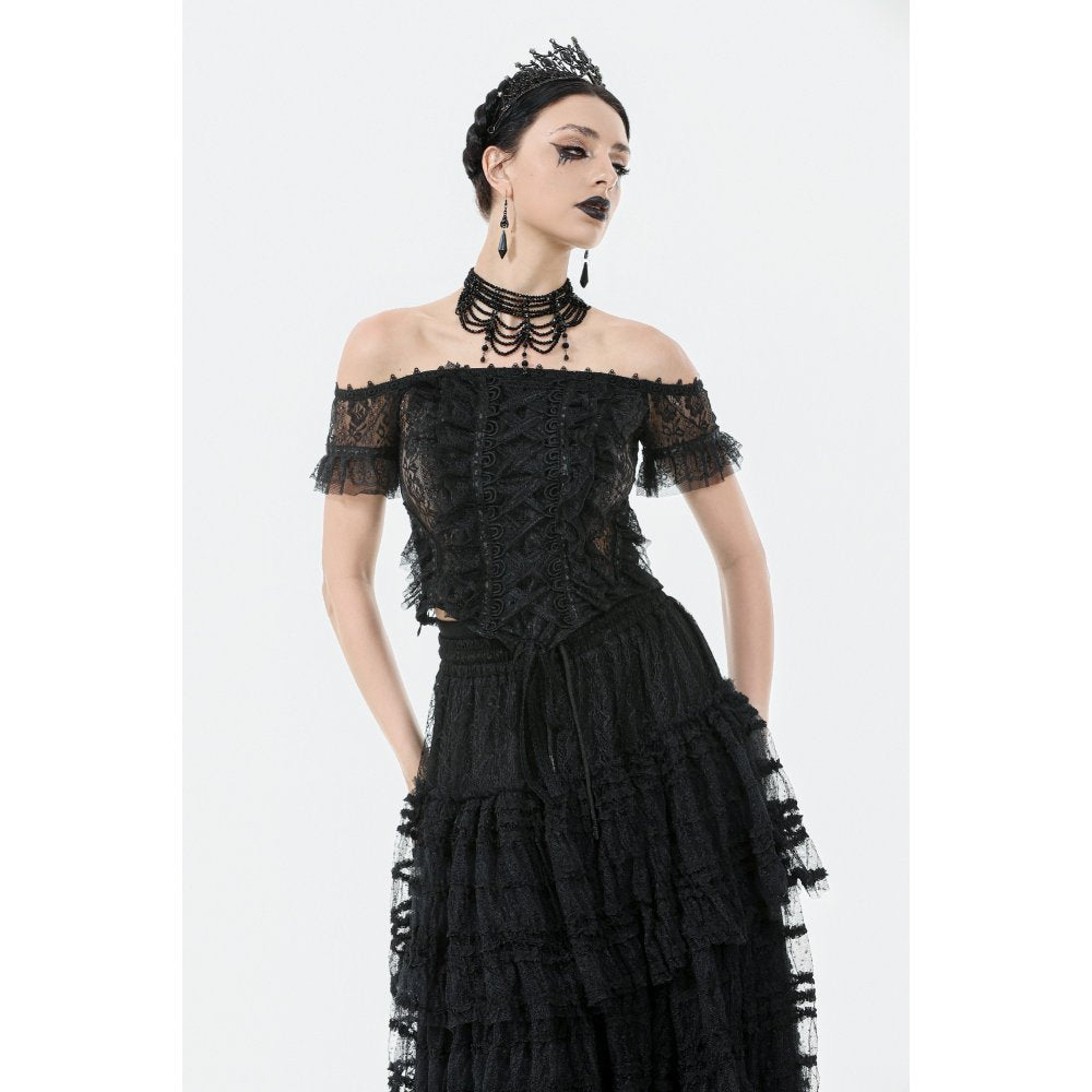 Dark in Love Ophelia Lace Off-Shoulder Gothic Top in Black