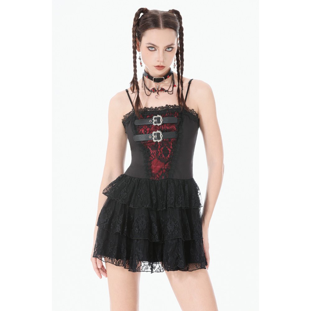 Dark in Love Crimson Shadow Layered Lace Cake Dress