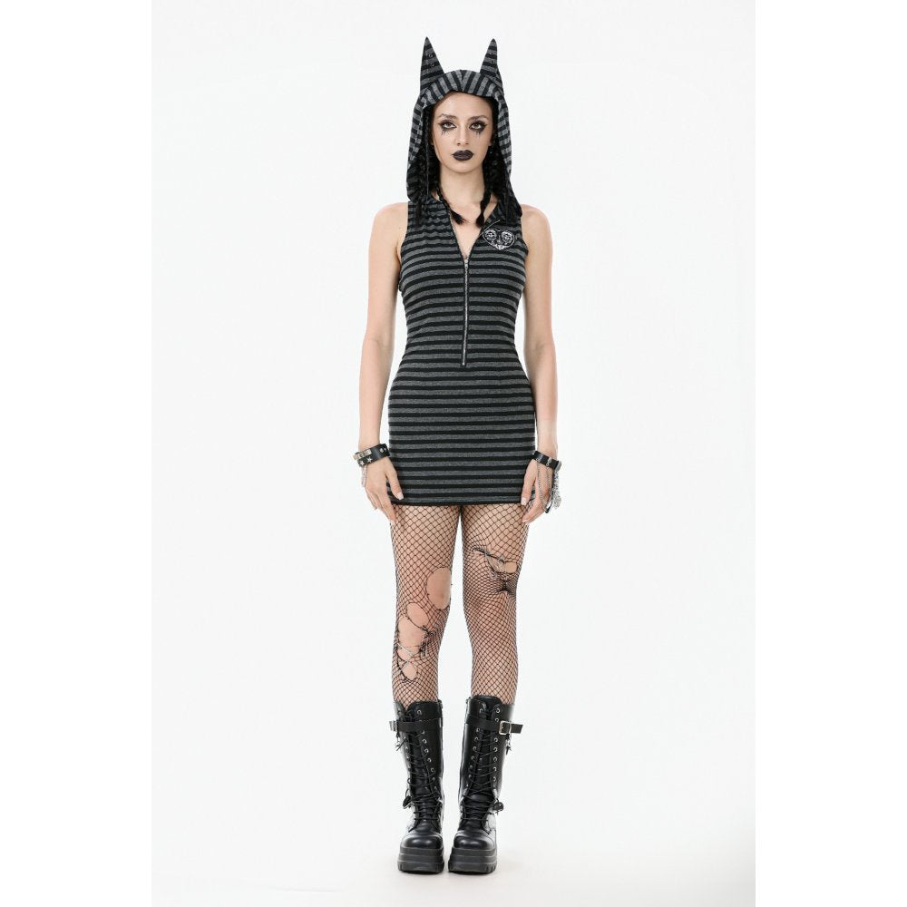 Dark In Love Salem Striped Cat Ear Hoodie Dress - Size UK 22 Left Only!