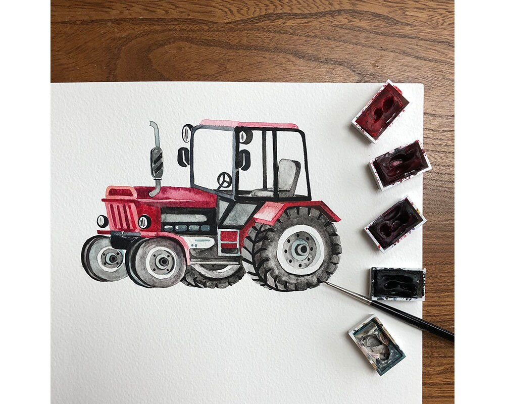 Watercolour Vehicles Wallpaper | Diggers, Fire Engines & Trucks | Kids Bedroom & Nursery