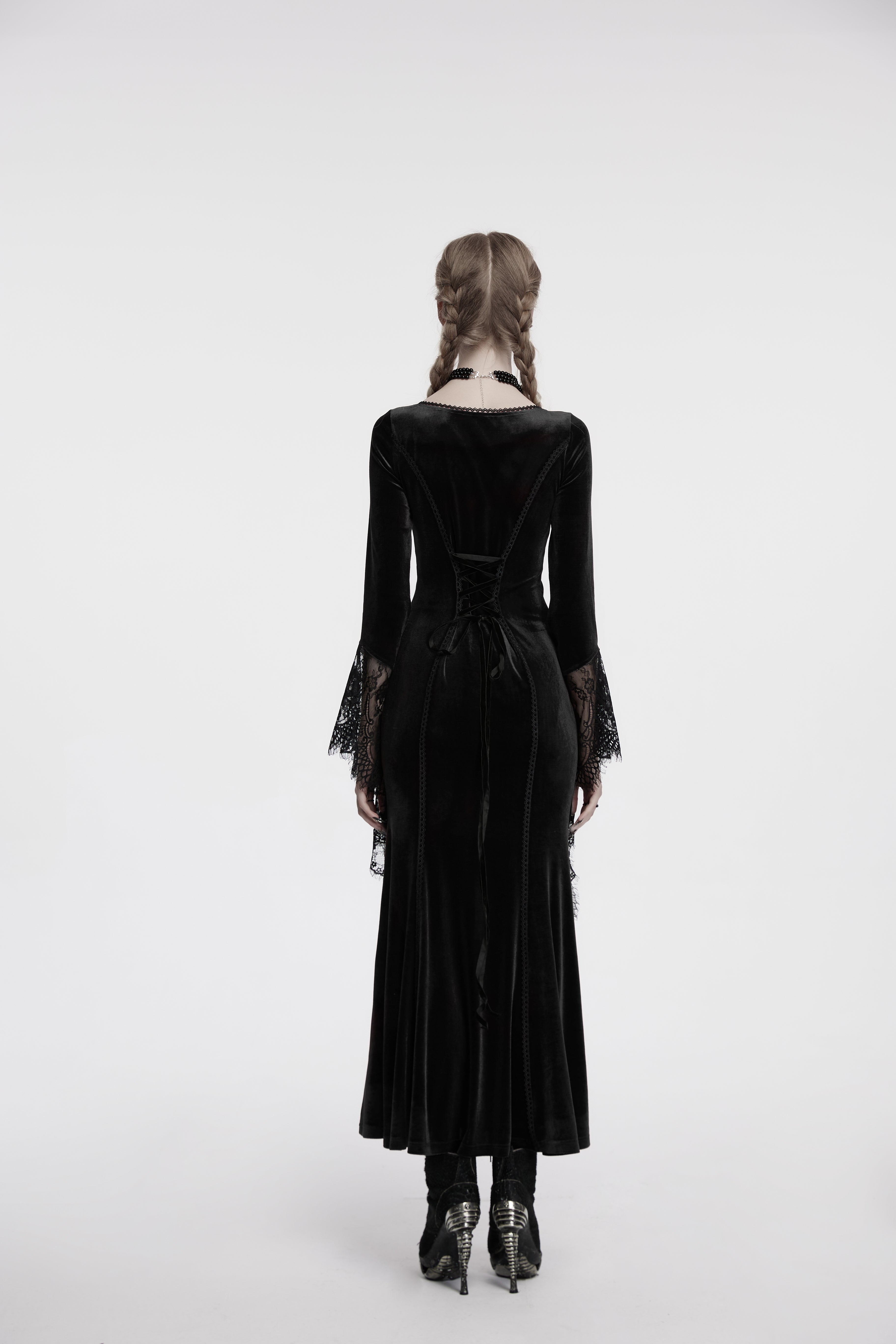 Punk Rave Isolde Velvet Lace Sleeve Dress In Black