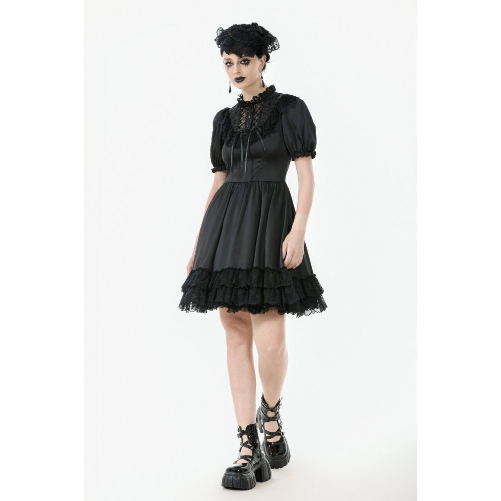 Dark in Love Belladonna Lace-Up High Collar Puff Sleeve Goth Dress  in Black