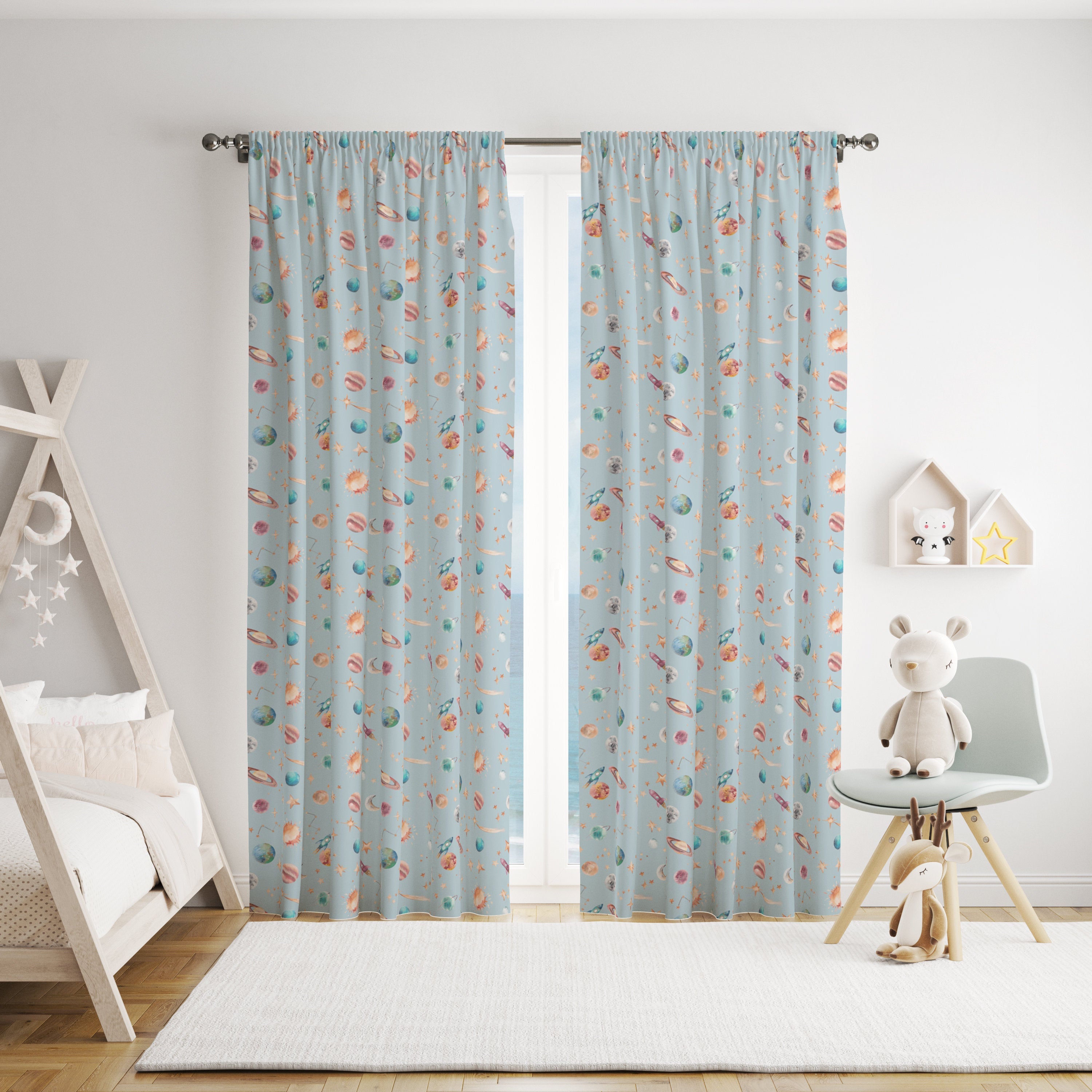 Planets Fabric – Watercolour Solar System Print | Cotton Curtain & Cushion Fabric