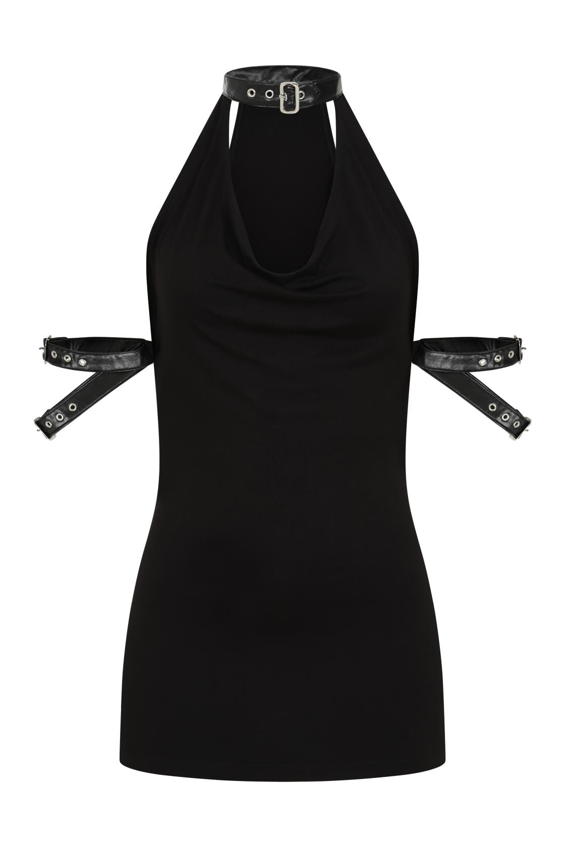Necessary Evil Aphrodite Plunge Cowl Neck Top - Faux Leather Gothic Going Out Top