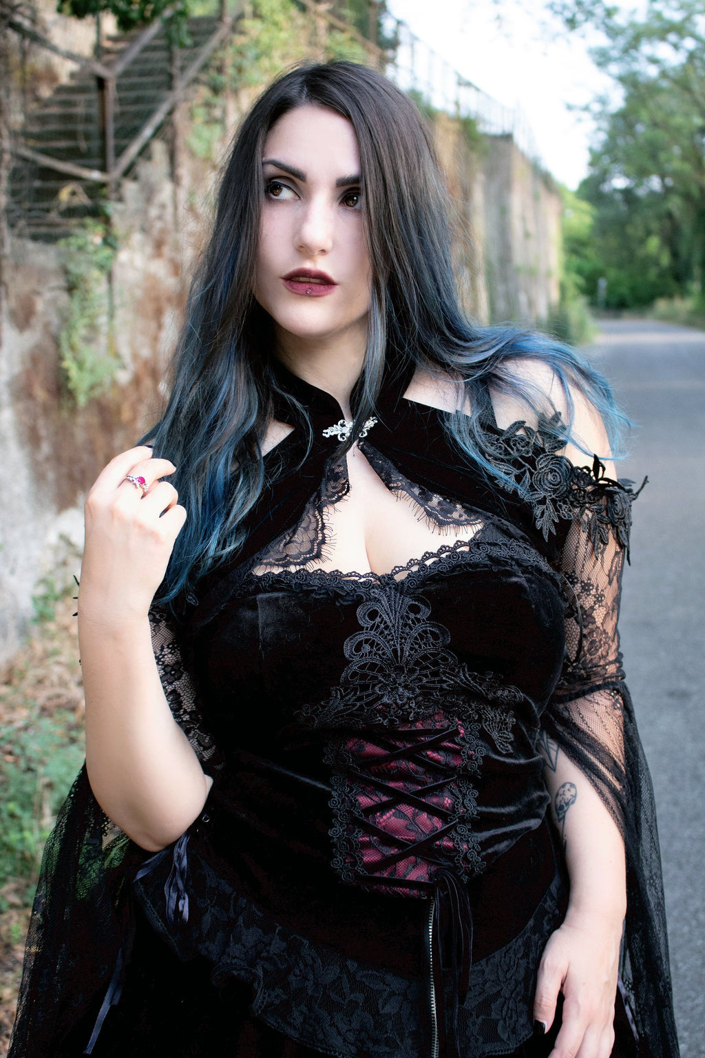 Dark in Love Gothic Black & Red Velvet Lace Corset