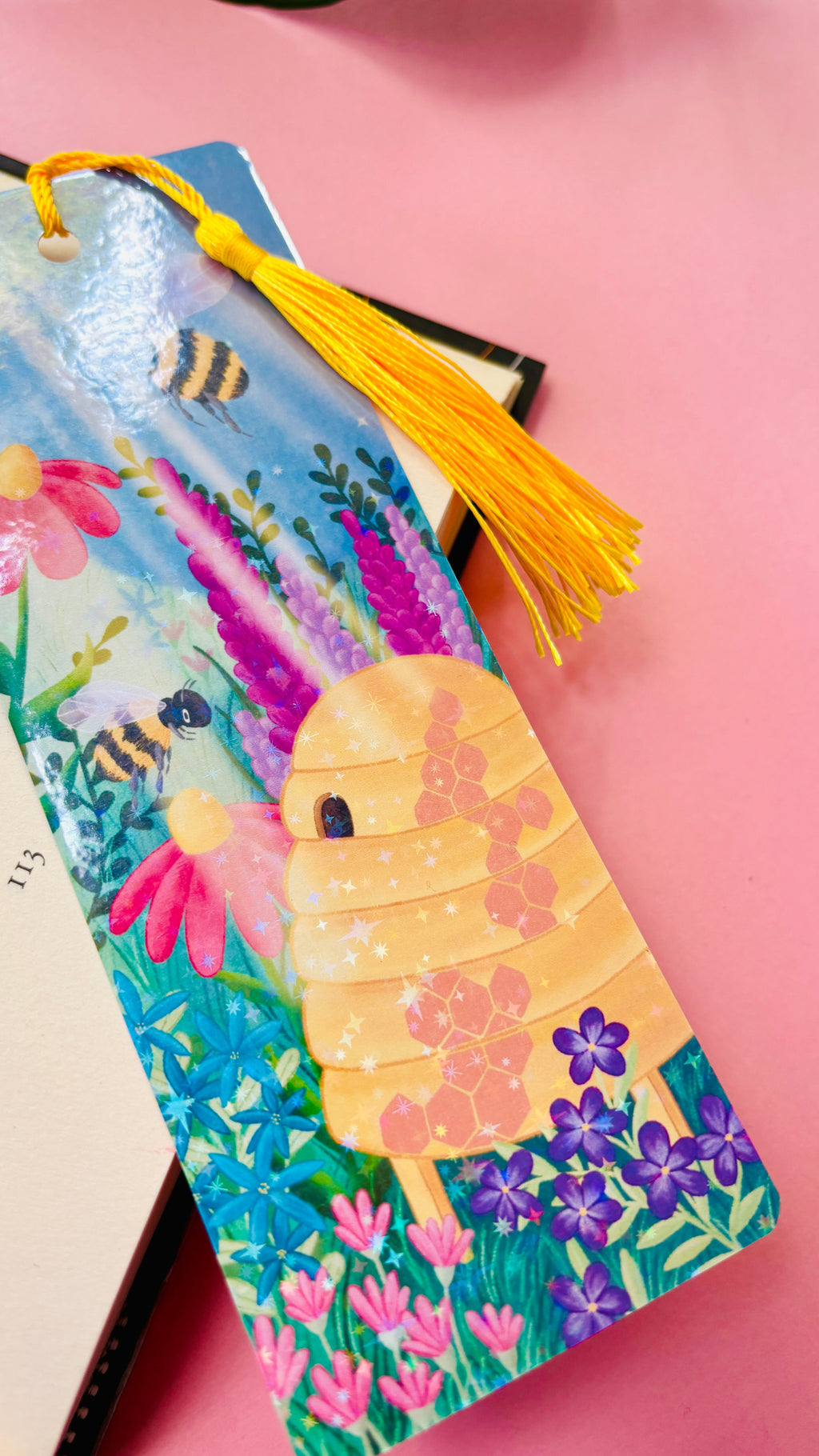 Bee and Wildflower Bookmark – Handmade Holographic Rainbow Book Accessory