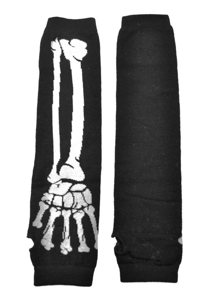 Poizen Industries Bone Arm Warmers - Gothic Skeleton Print Thumb Holes Black White
