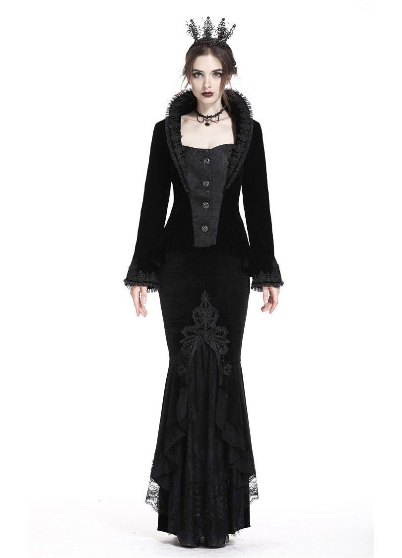 Dark In Love Cordelia Black Velvet Skirt - Gothic Fishtail Skirt Embroidered Lace