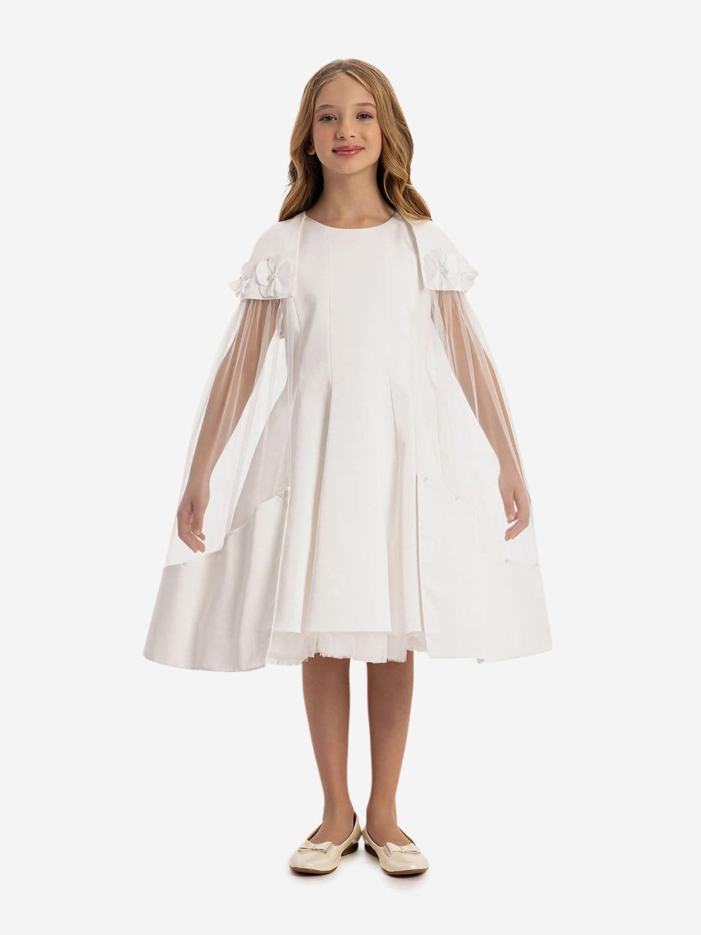 DRESS & Fleur Girls Dress with Removable Cape in White