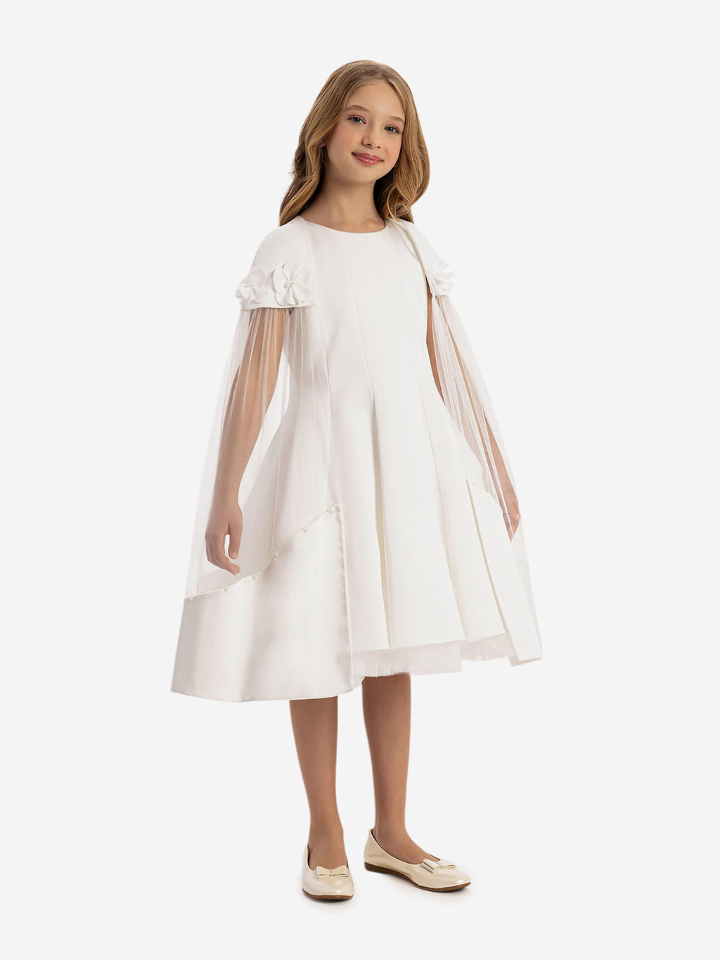 DRESS & Fleur Girls Dress with Removable Cape in White