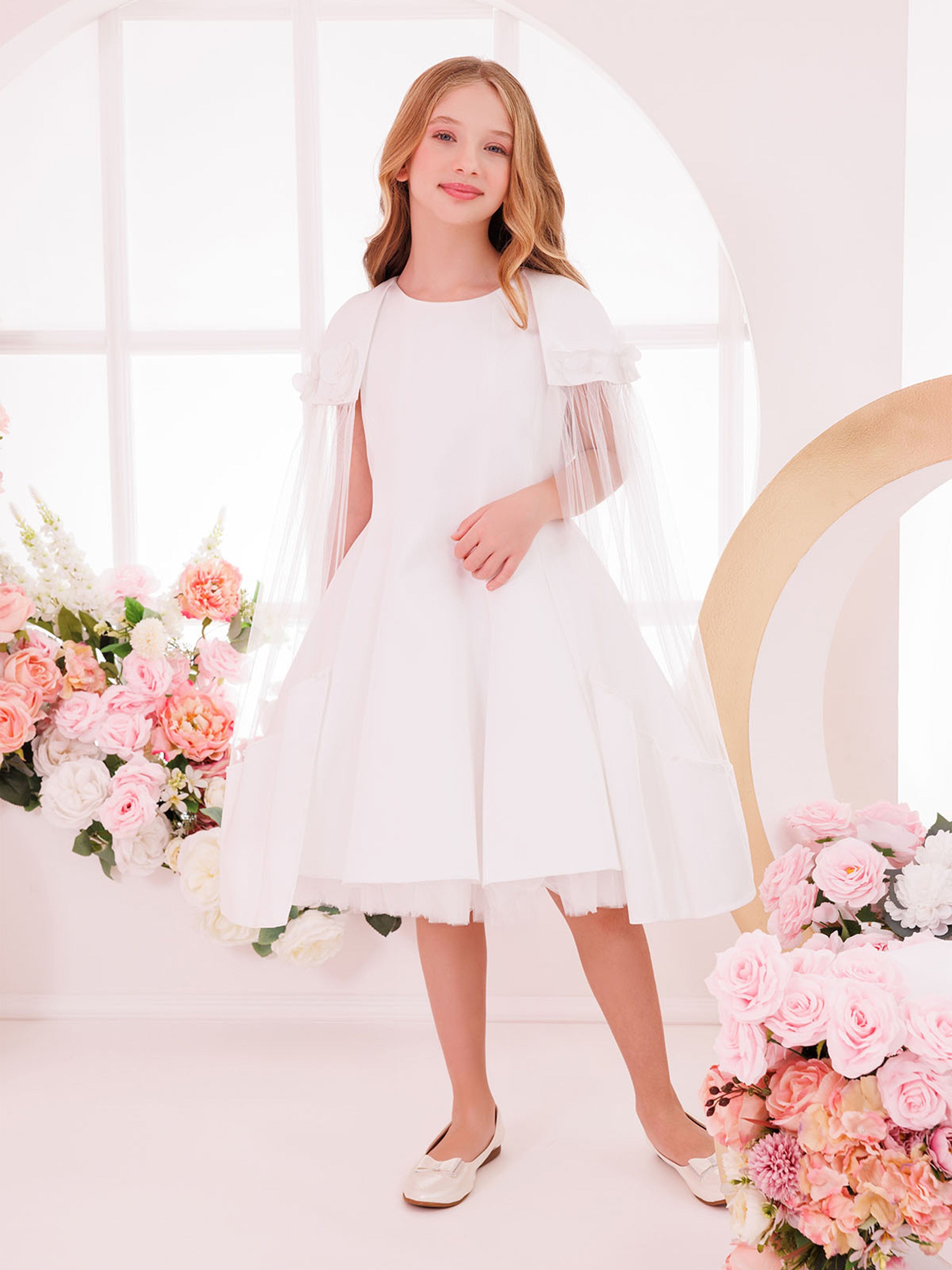 DRESS & Fleur Girls Dress with Removable Cape in White