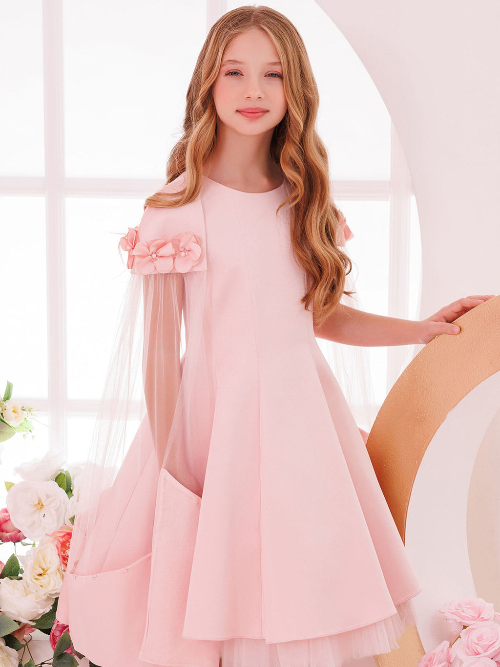 DRESS & Fleur Girls Dress with Removable Cape in Pink