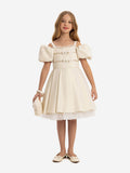 DRESS & Fleur Girls Puff Sleeve Dress with Bag in Beige