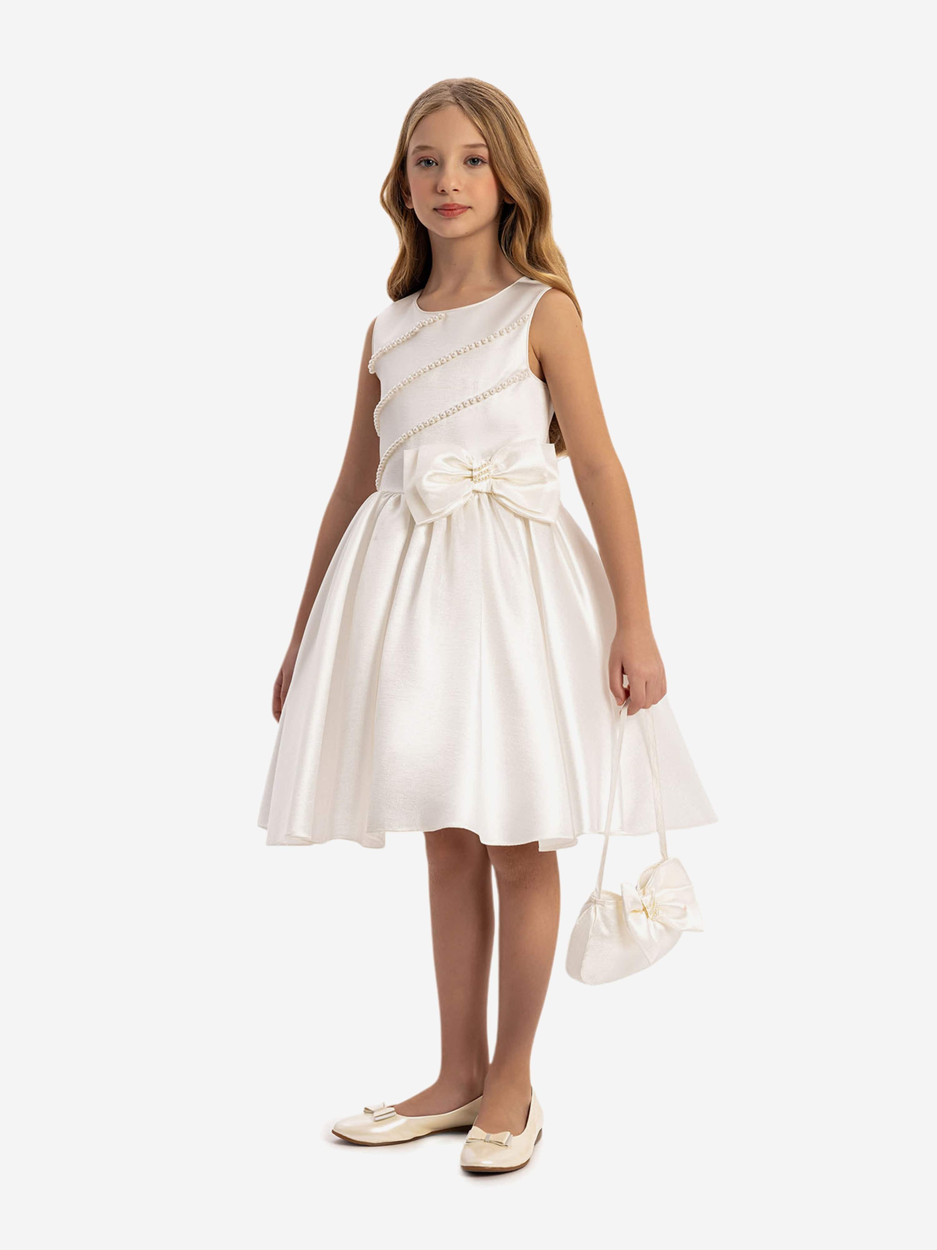 DRESS & Fleur Girls Satin Dress with Matching Bag in White