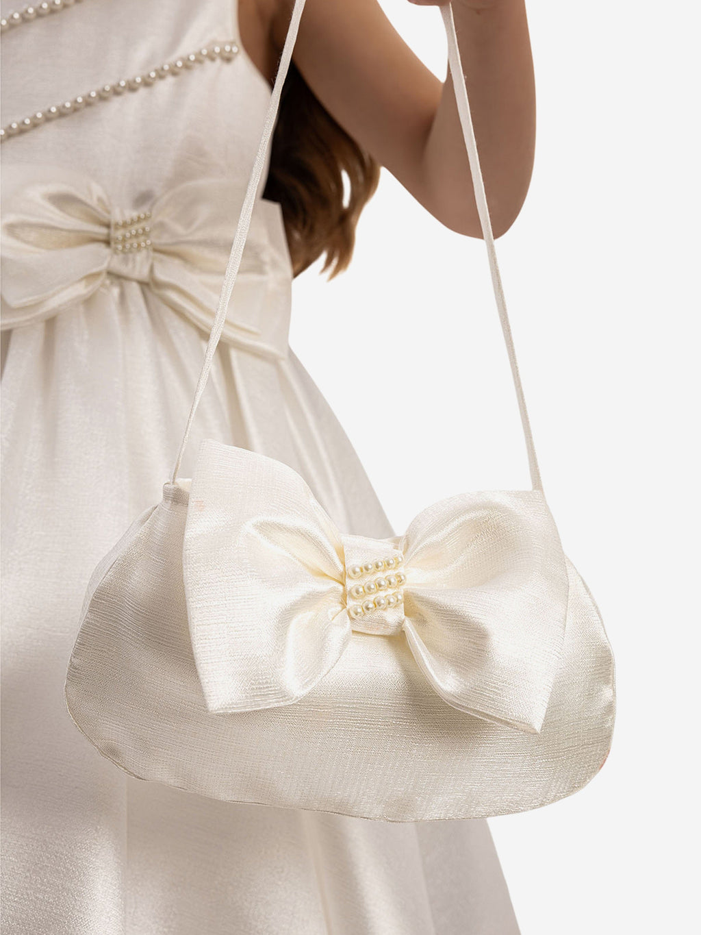 DRESS & Fleur Girls Satin Dress with Matching Bag in White