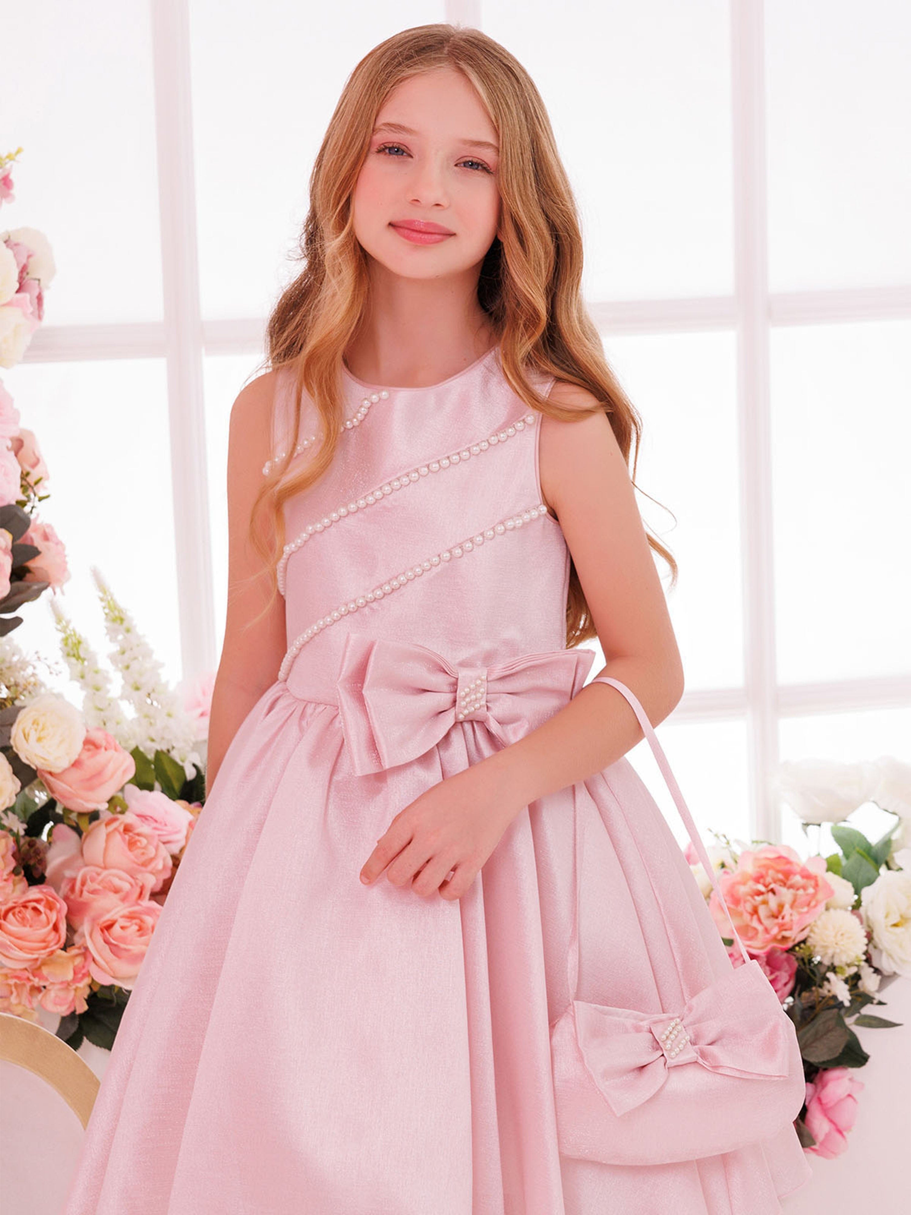 DRESS & Fleur Girls Satin Dress with Matching Bag in Pink