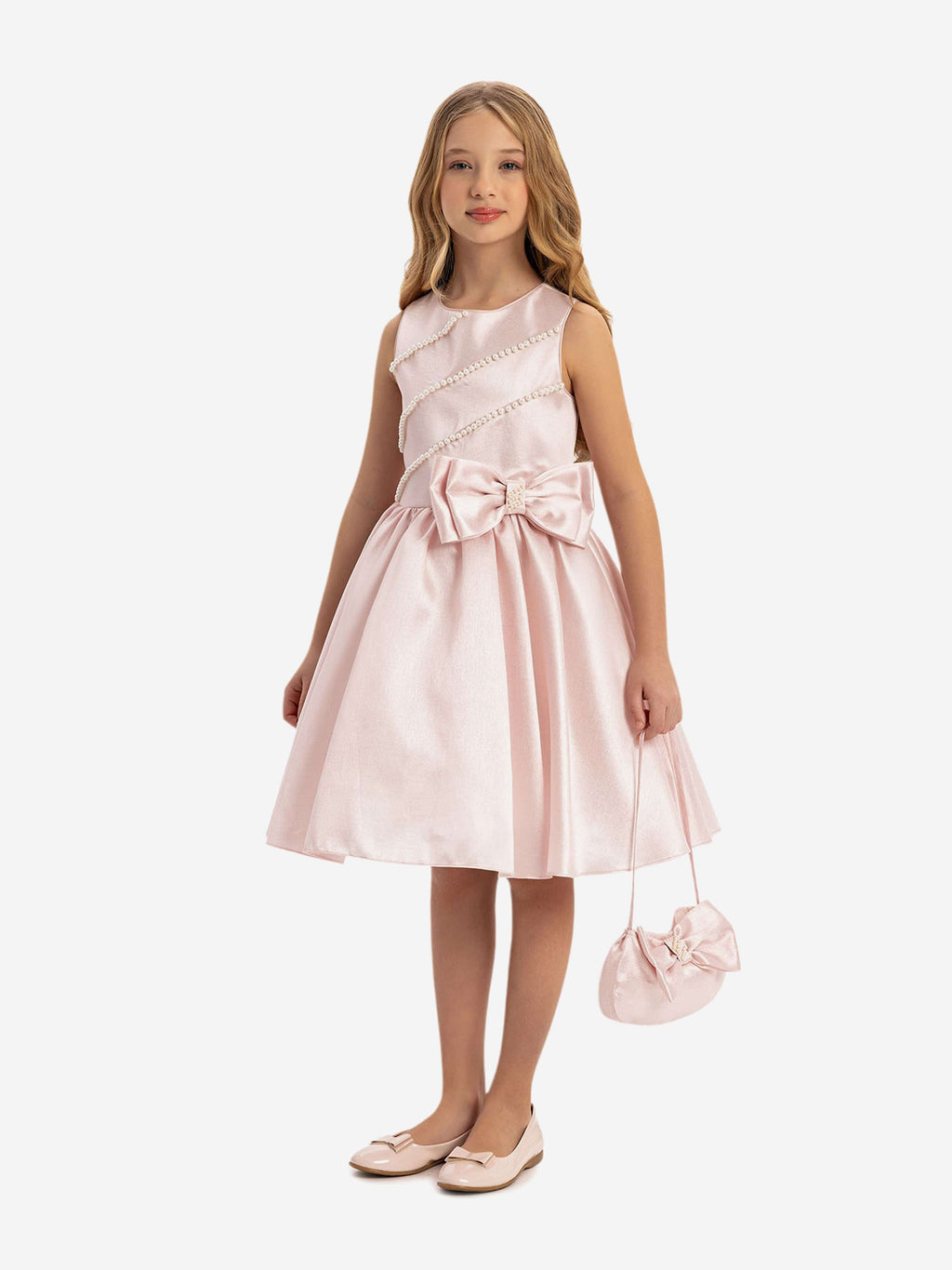 DRESS & Fleur Girls Satin Dress with Matching Bag in Pink